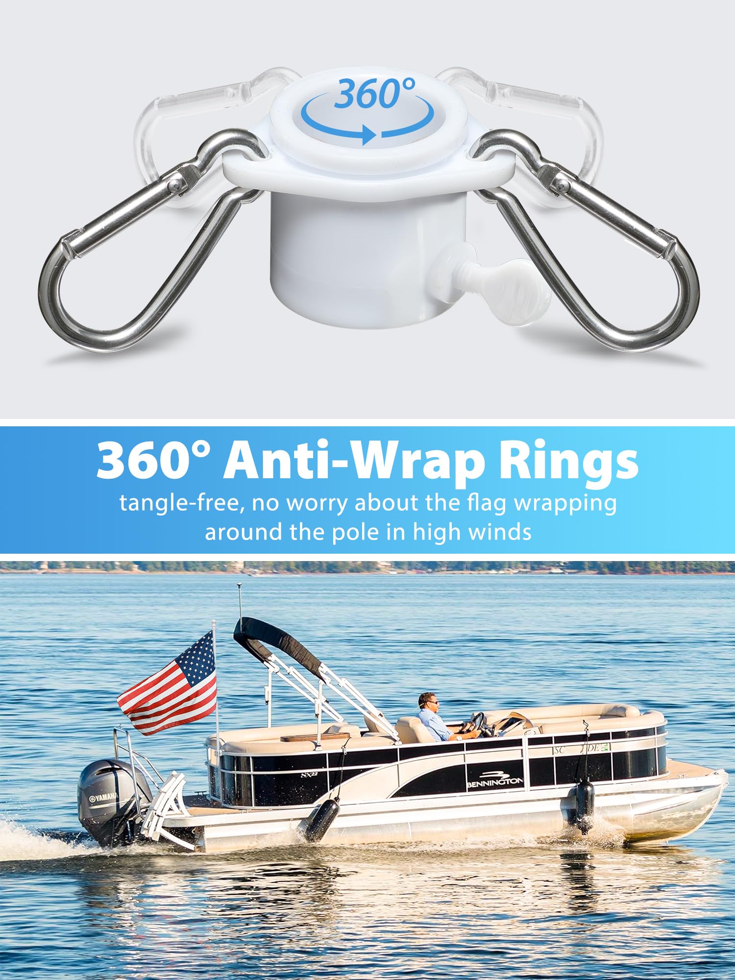 YOHSUGO tangle-free rings keep flags unfurled without wrapping.