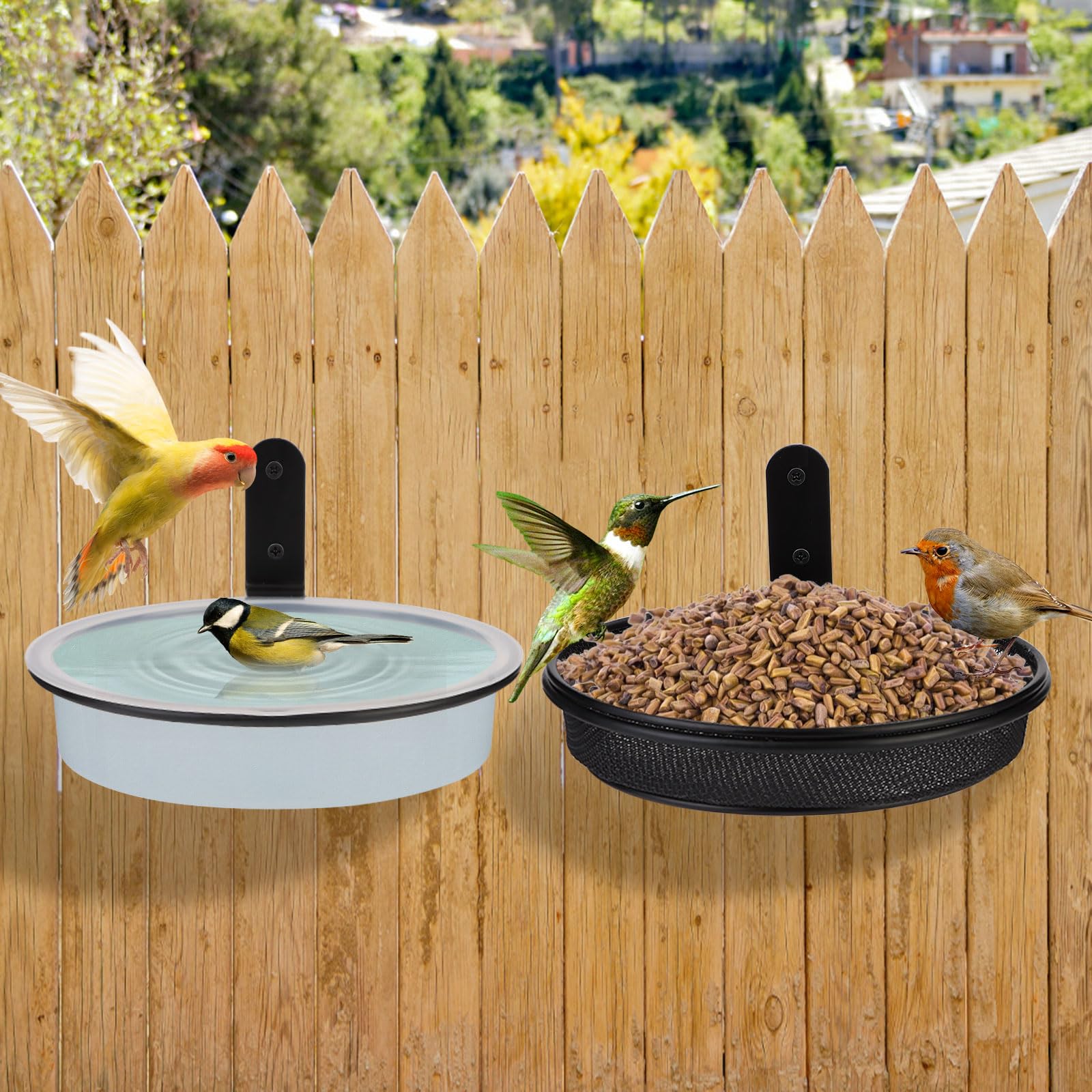 Yojanner fence bird feeder tray with metal mesh for drainage and fresh food