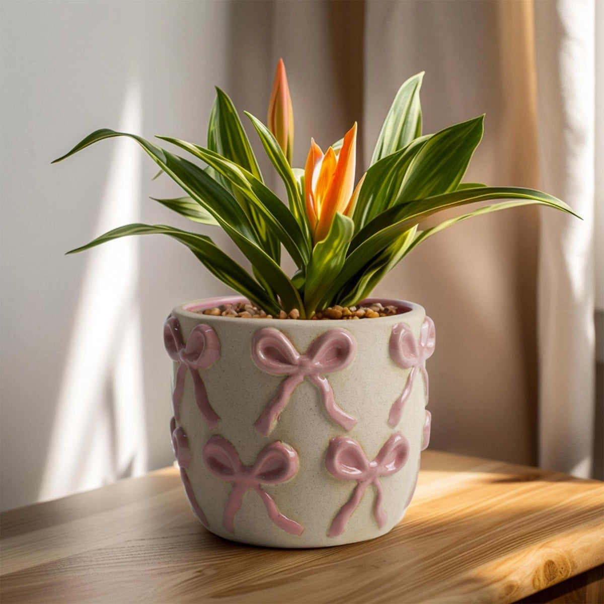 Yokiiimakiii pink bow ceramic pot side view ideal for bright indoor plant displays