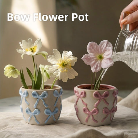 Yokiiimakiii pink bow ceramic pot top view adds color to small arrangements