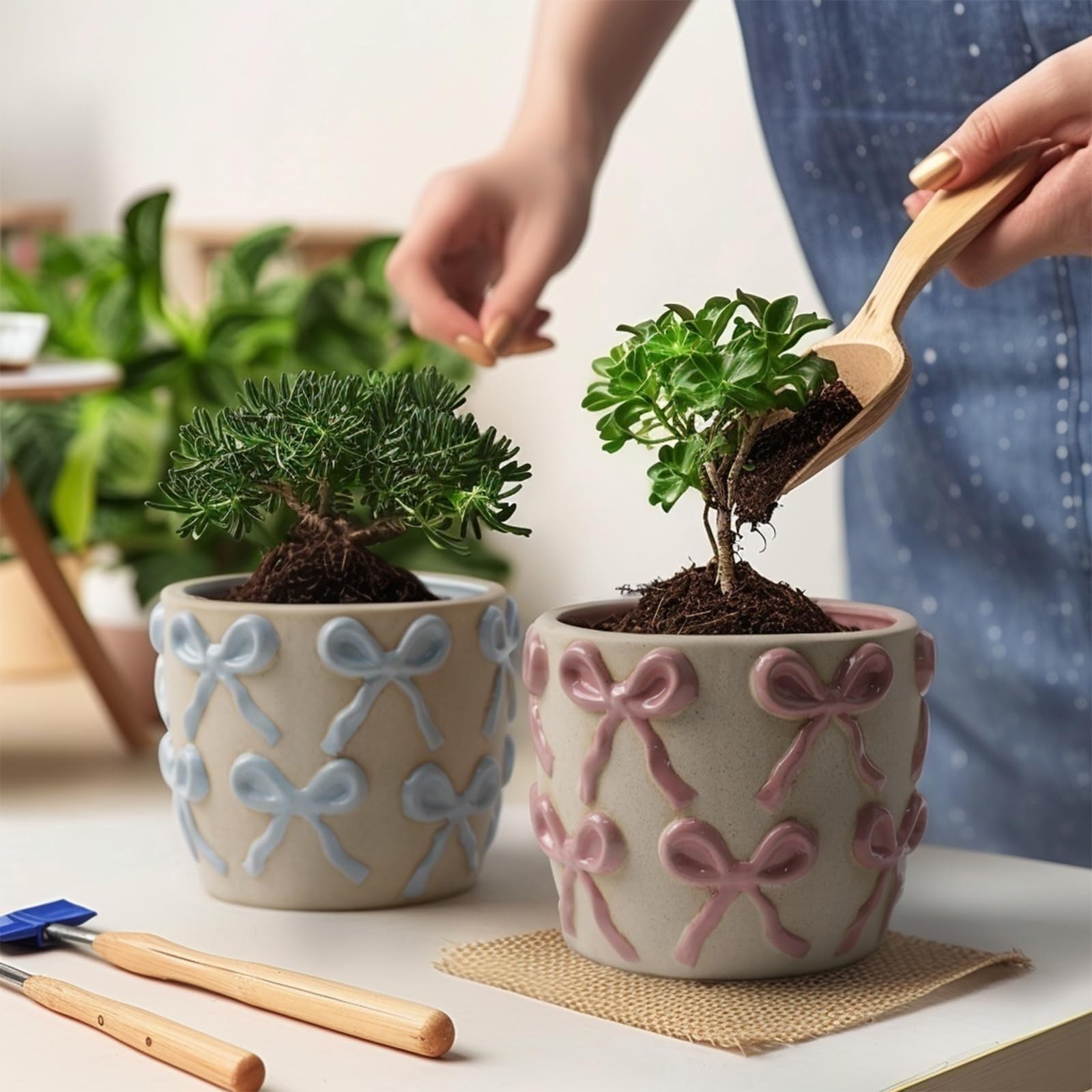 Yokiiimakiii pink bow pot on windowsill for herbs