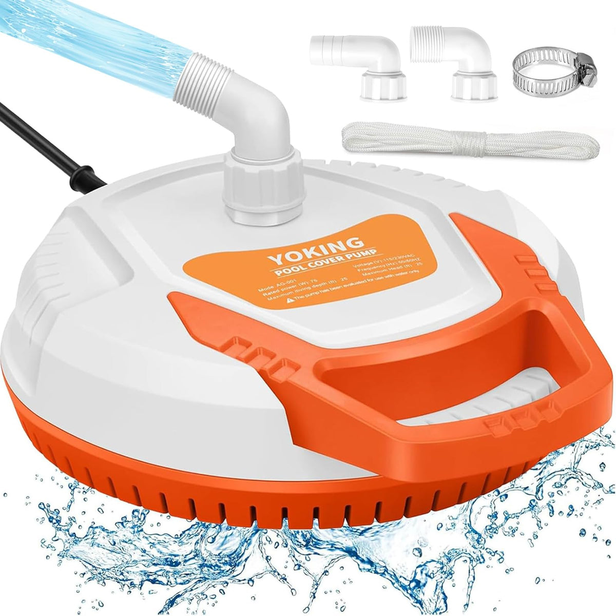 YOKING automatic pool cover pump front view highlighting compact design for quick water removal.