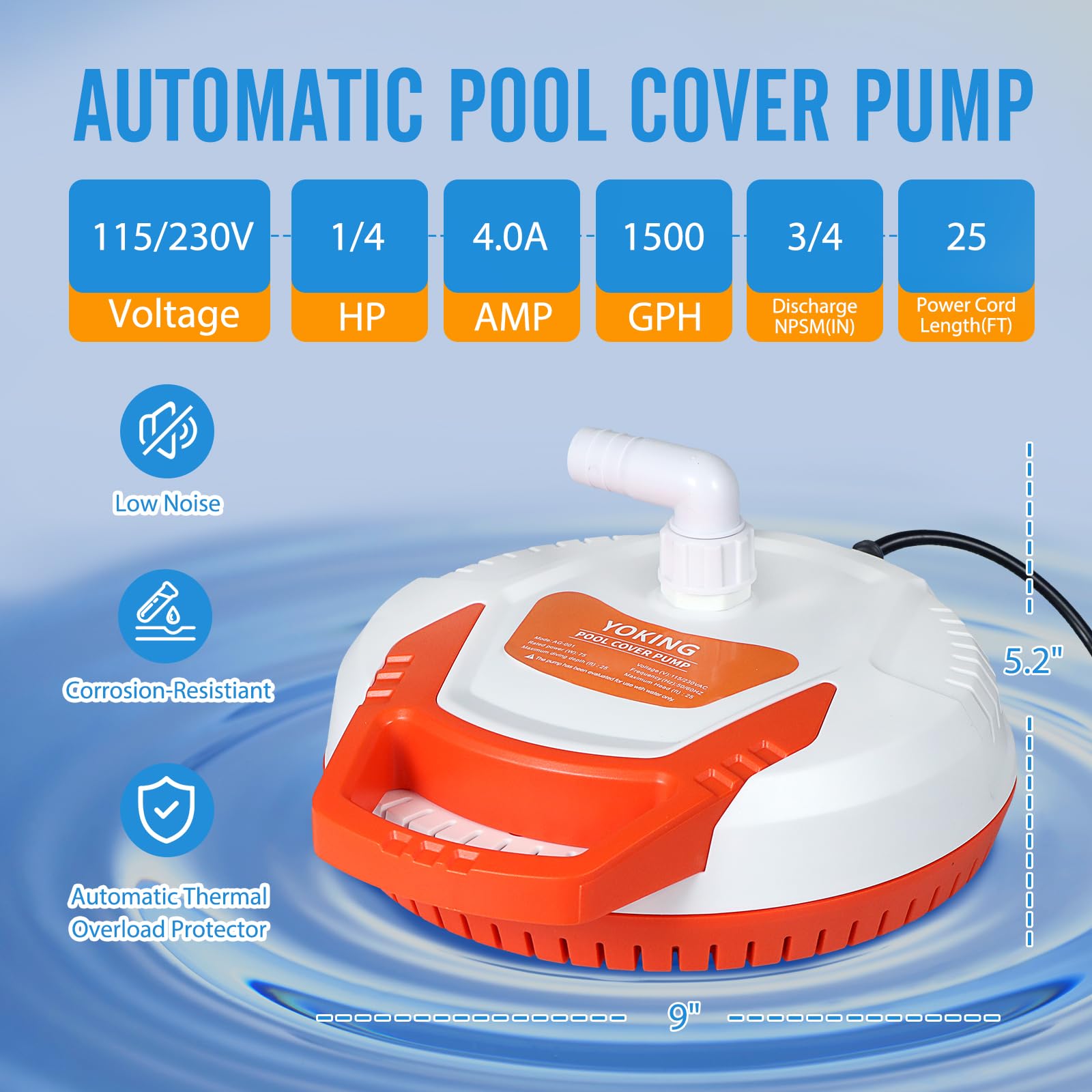 YOKING 1/4 HP motor label emphasizes efficient power for fast water draining.