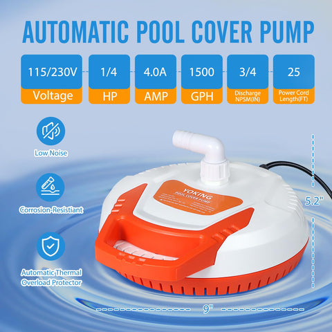 YOKING 1/4 HP motor label emphasizes efficient power for fast water draining.