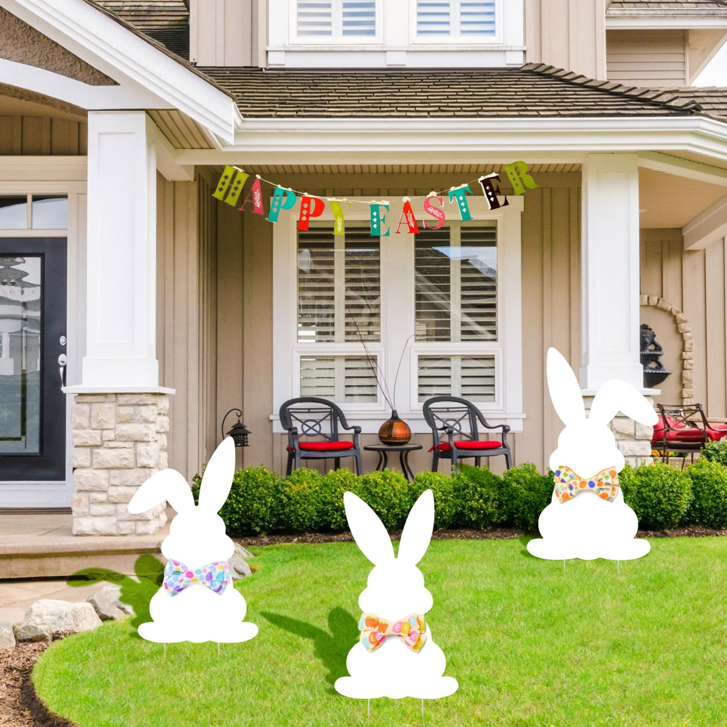 Bunny yard stakes assembly shows easy setup for spring lawn display.