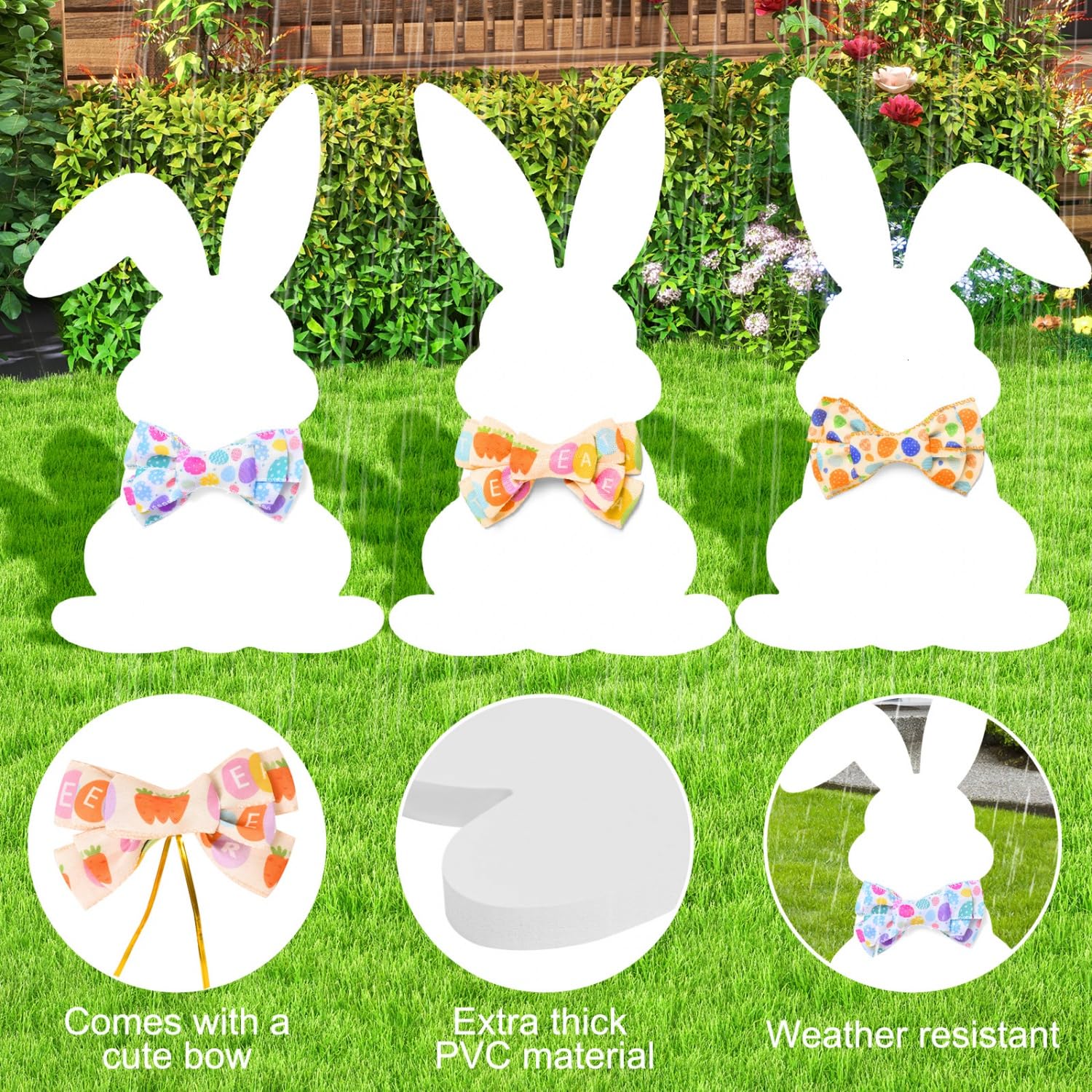 Three-piece bunny sign pack brings festive charm to garden or patio.