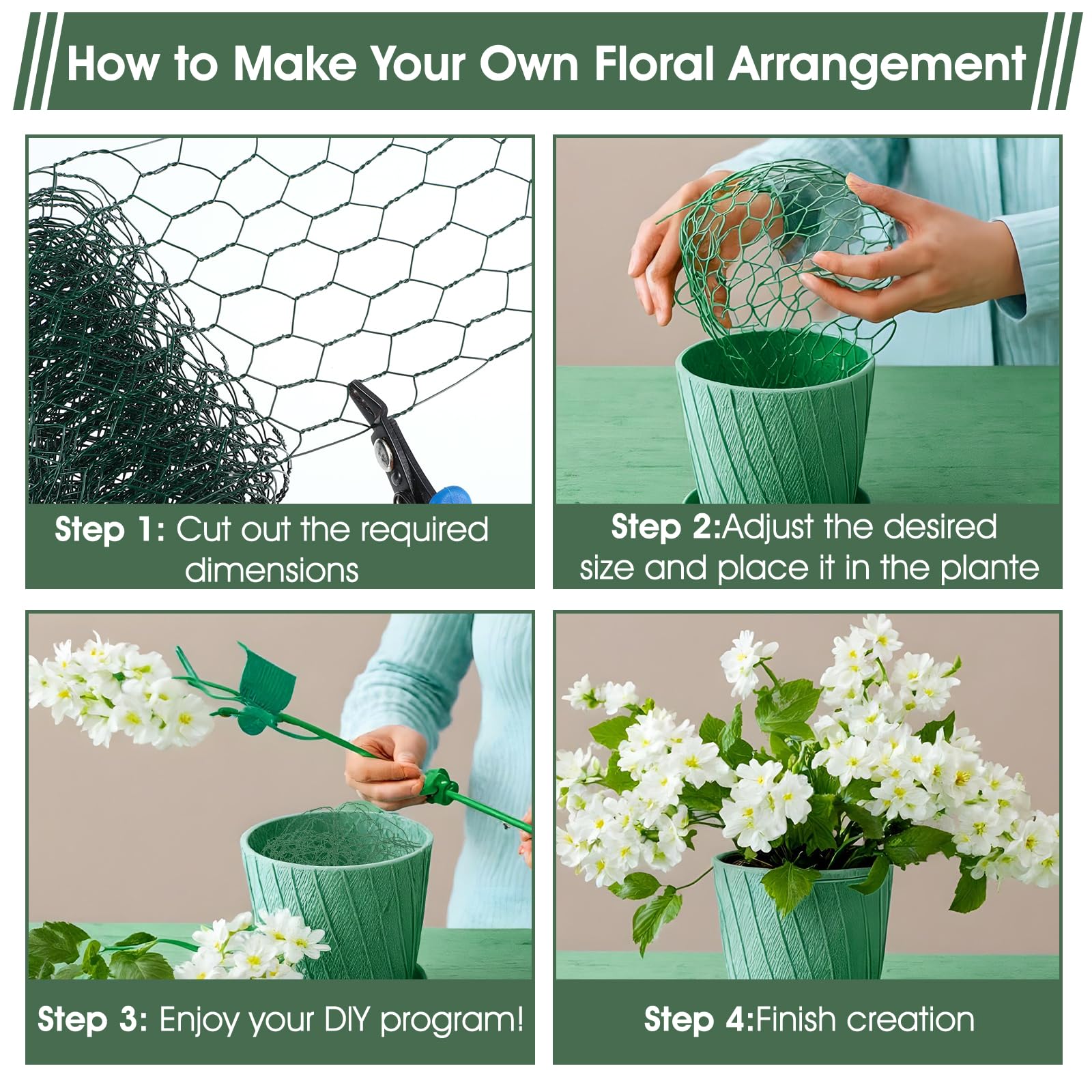 Yolev green chicken wire used to form flower arches and garlands.