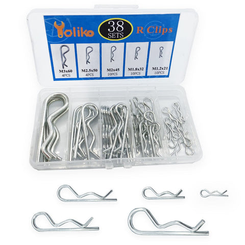 Yoliko 38 Pcs Hitch Pin Clip Kit shows five sizes for versatile trailer and dolly pin replacements.