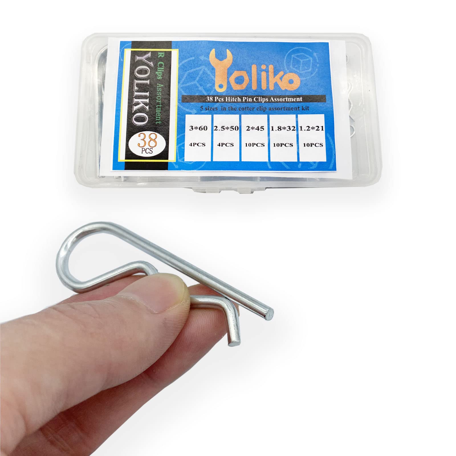 Yoliko 38 Pcs Hitch Pin Clip Kit supports tractor, trailer, and hand truck applications with durable replaceable pins.