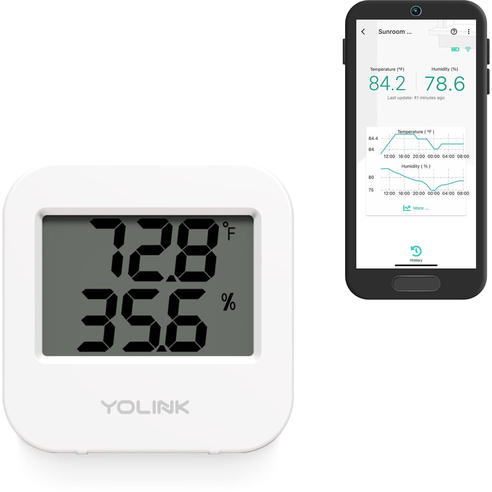 YoLink smart sensor in fridge monitors temperature and humidity for fresher storage.