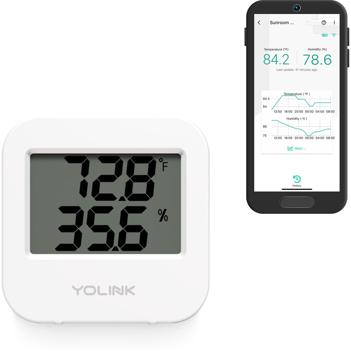 YoLink smart sensor in fridge monitors temperature and humidity for fresher storage.