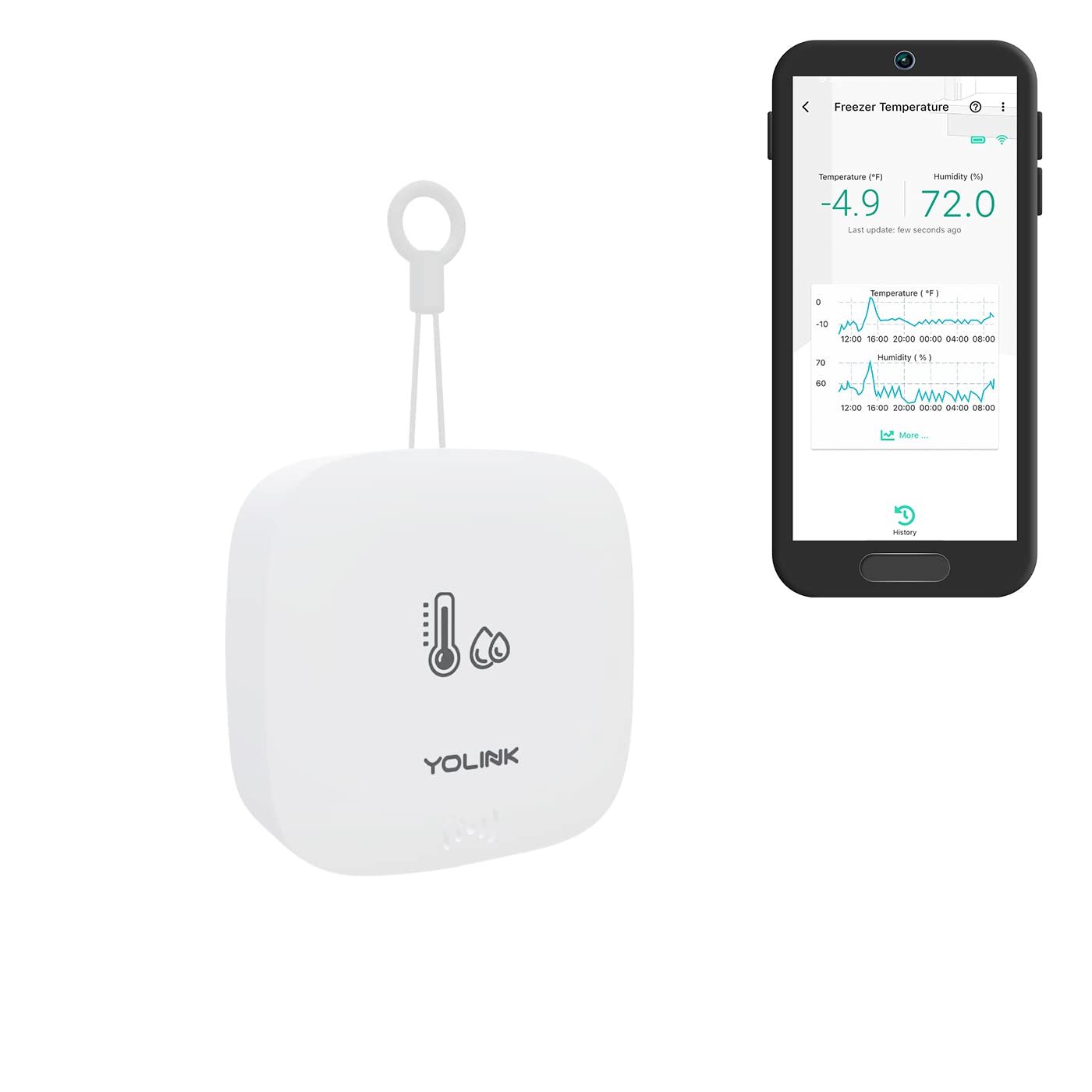 YoLink outdoor temperature and humidity sensor front view with weather-ready housing for reliable readings.