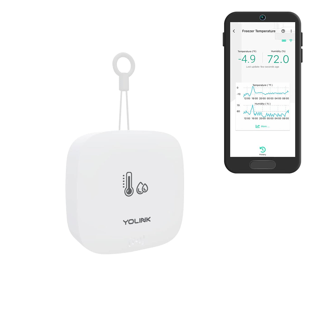 YoLink outdoor temperature and humidity sensor front view with weather-ready housing for reliable readings.