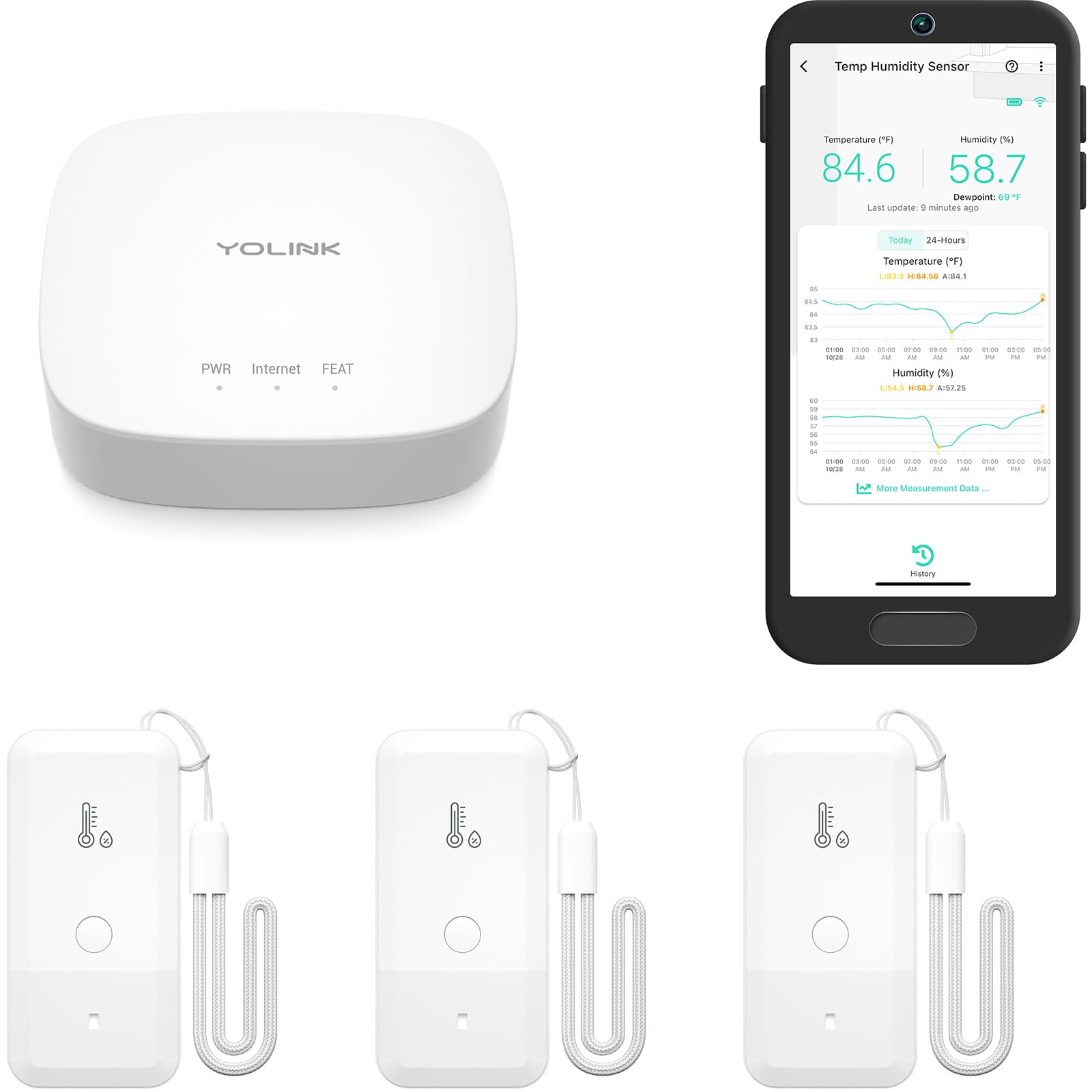 YoLink smart thermometer hygrometer front view shows compact sensor with long-range monitoring for remote management beyond WiFi.