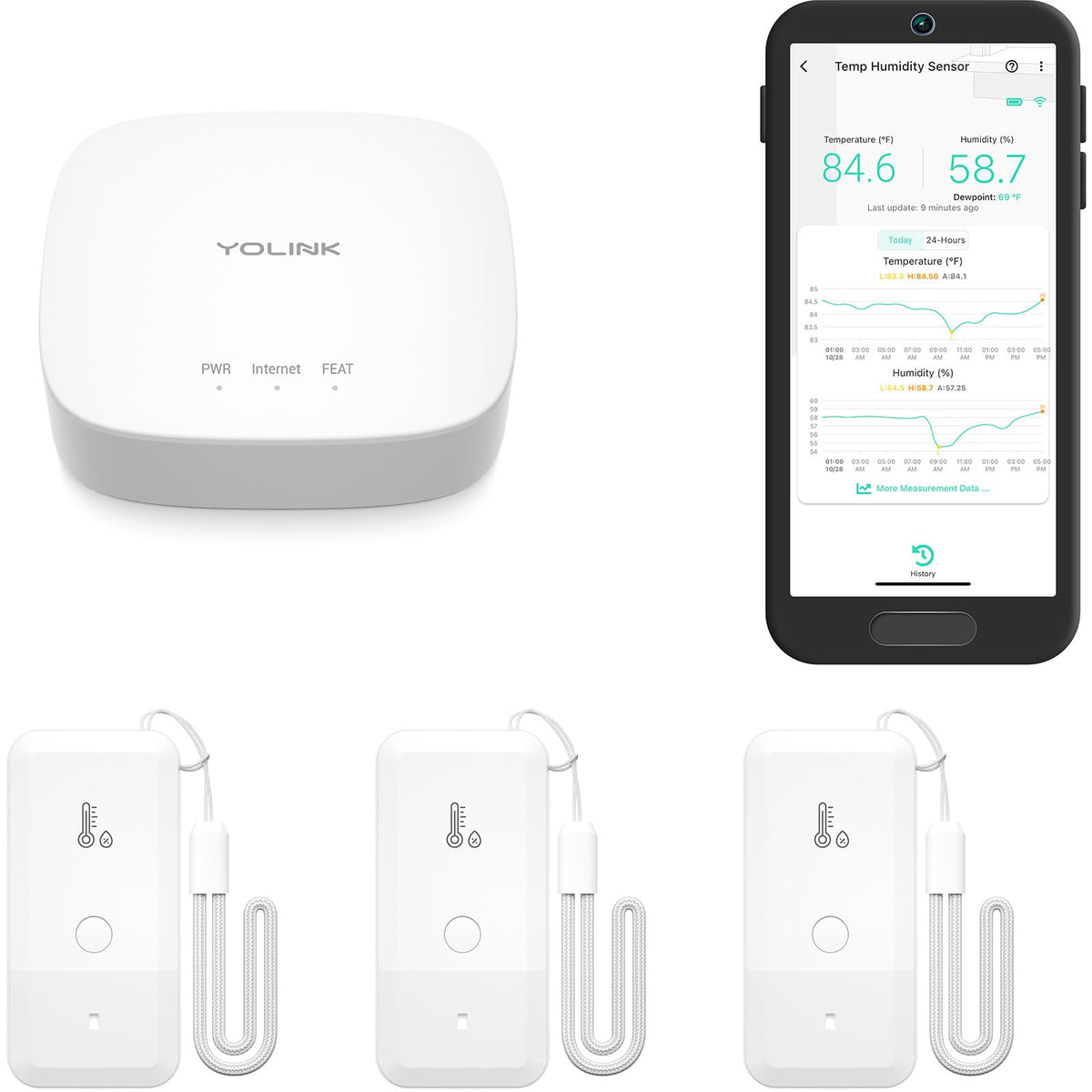 YoLink smart thermometer hygrometer front view shows compact sensor with long-range monitoring for remote management beyond WiFi.