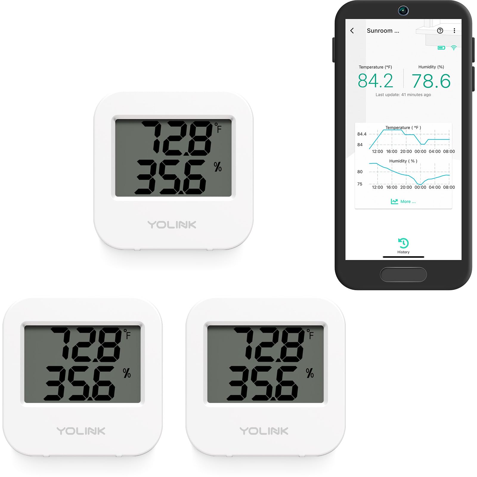 YoLink smart sensor 3-pack pack shot shows long-range temperature and humidity monitoring