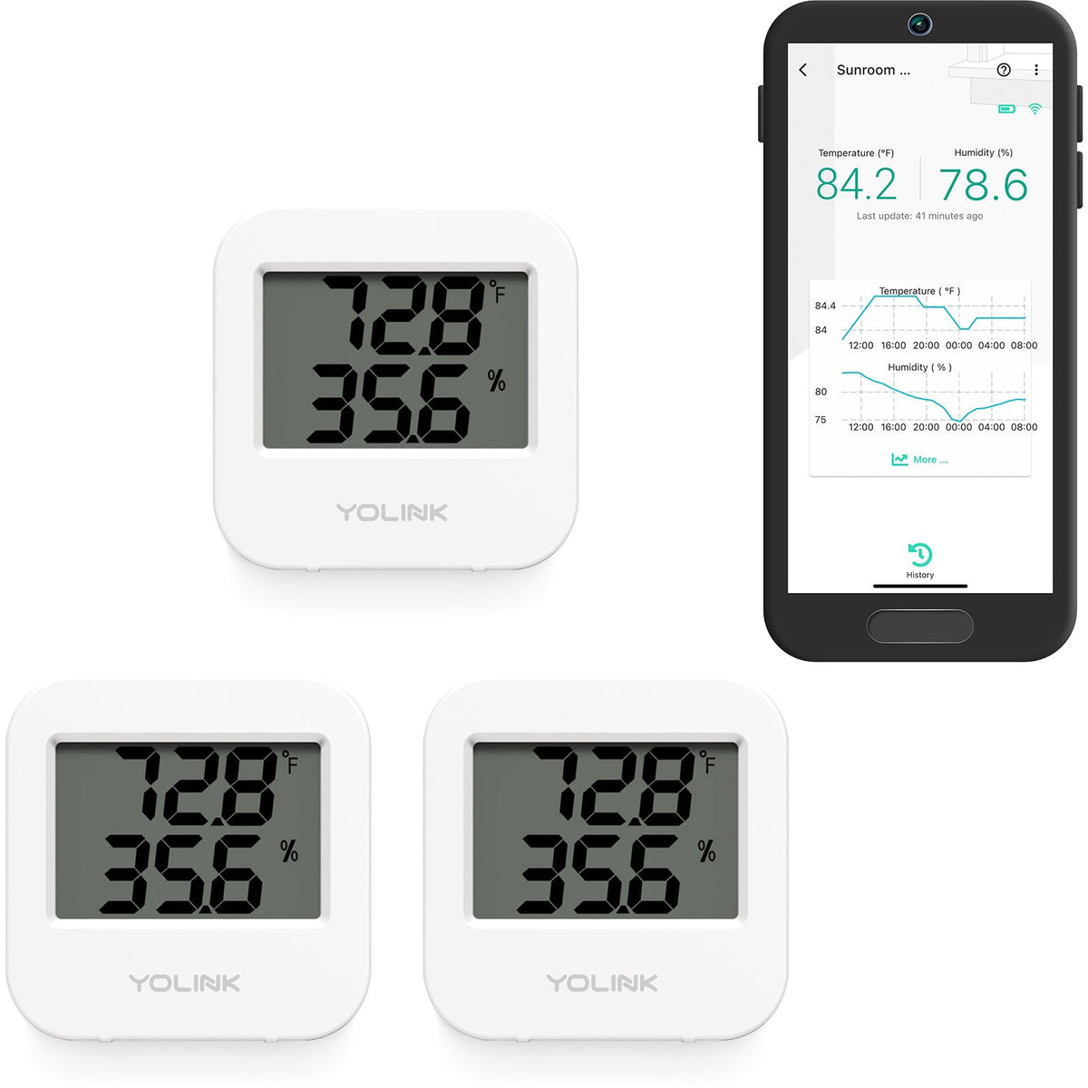 YoLink smart sensor 3-pack pack shot shows long-range temperature and humidity monitoring