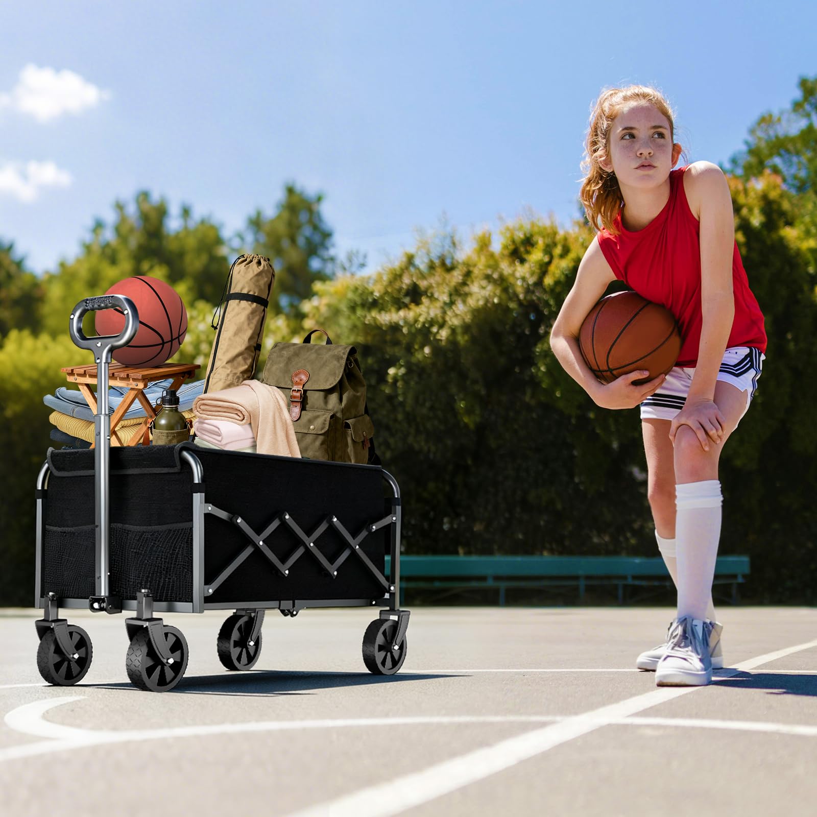 Yollber Wagons Cart foldable side view highlighting ergonomic handle and easy maneuverability.