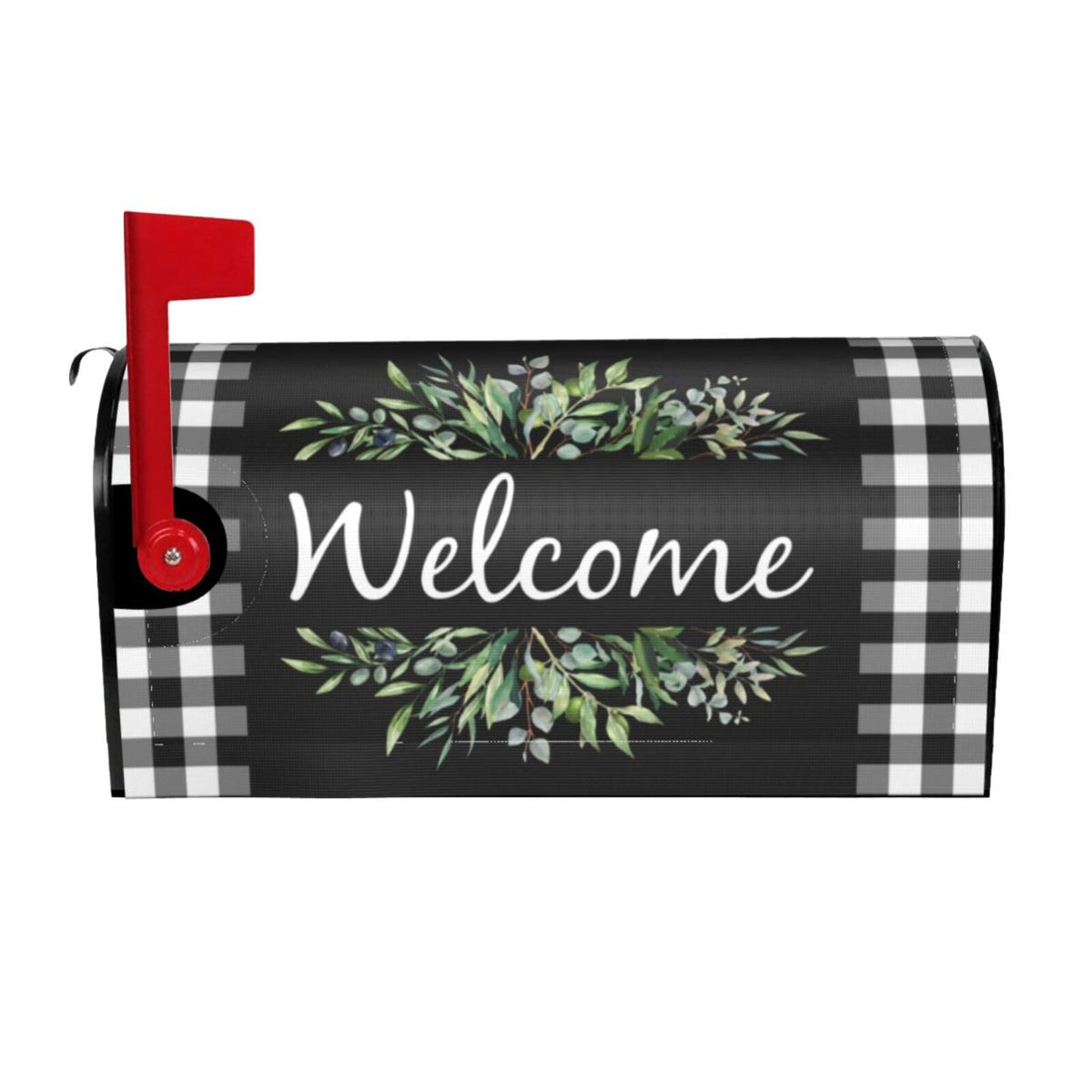 Yomane wreath mailbox cover front view with buffalo plaid for year-round curb appeal.
