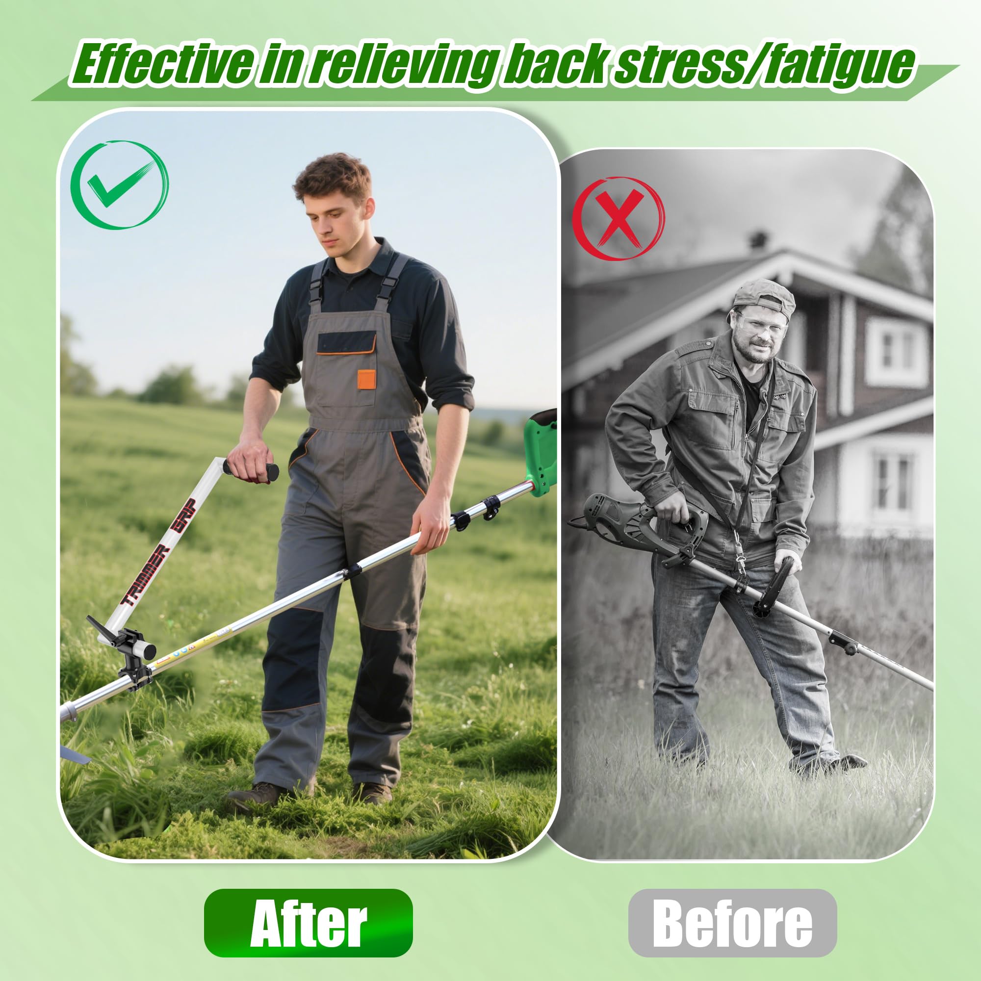 Yomoho trimmer shoulder harness demonstrates balanced support with rotatable clip.