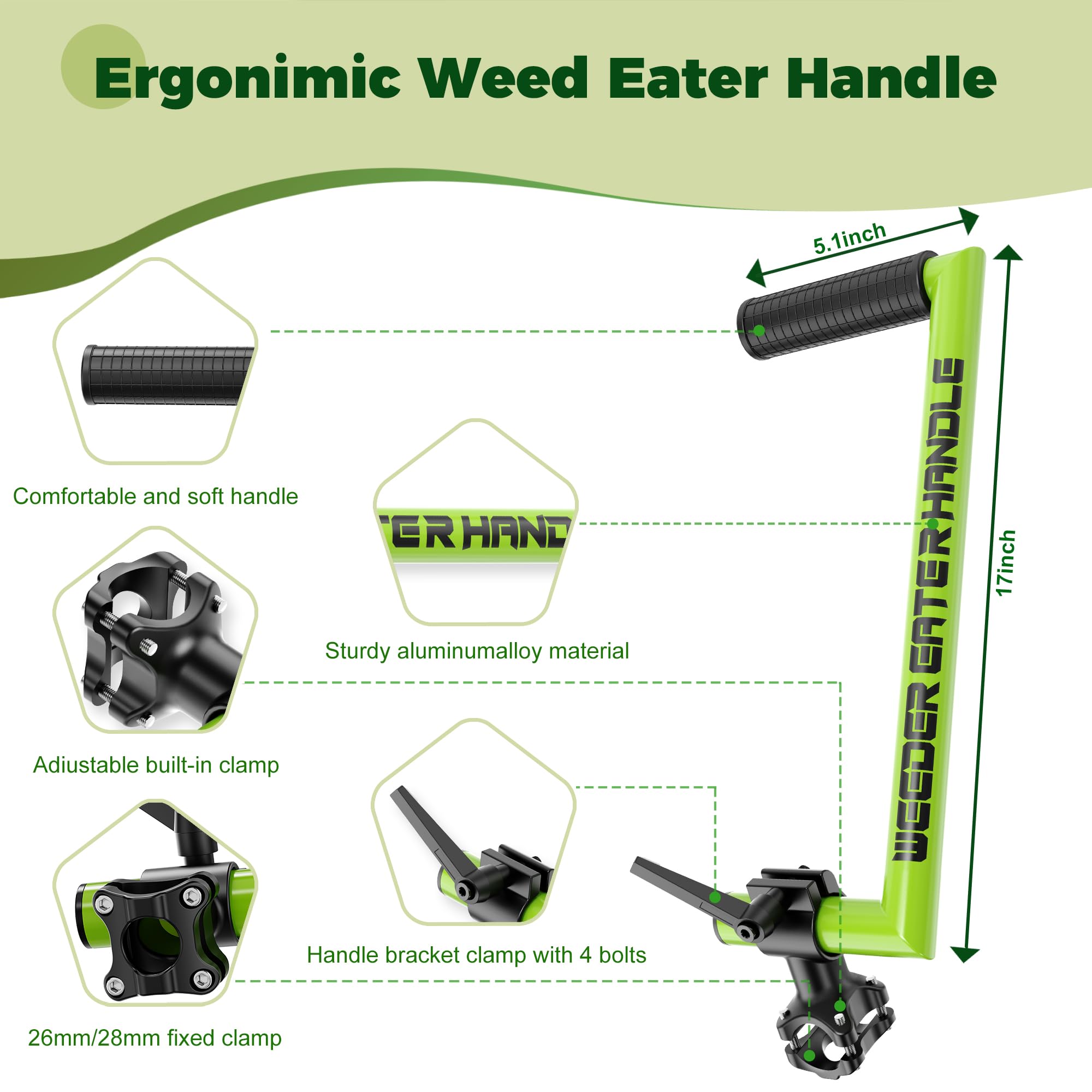 Yomoho weed eater handle extension clamp attachment secures quickly to shaft.