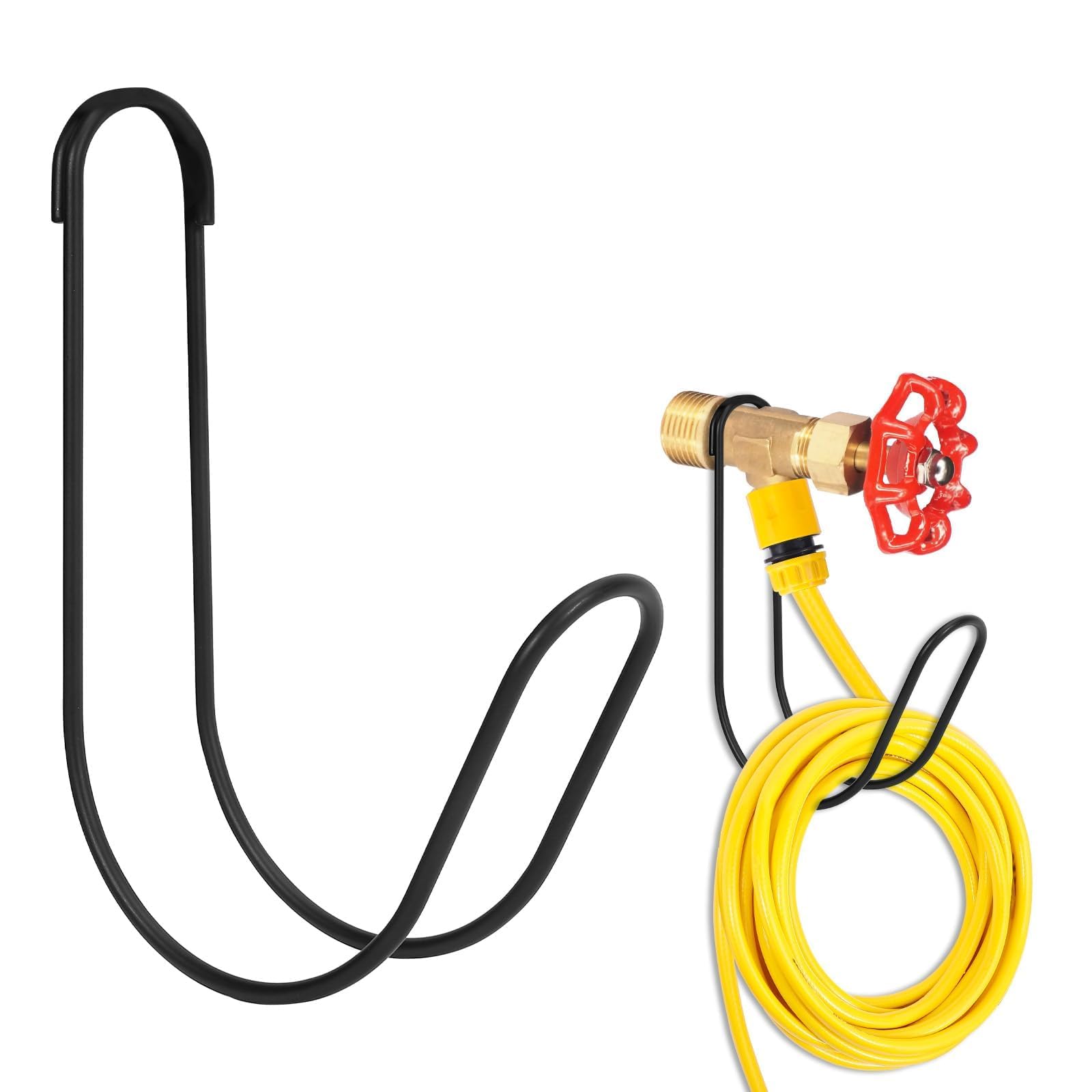 Yoniccal garden hose storage hook mounted on a wall keeps hoses neat.