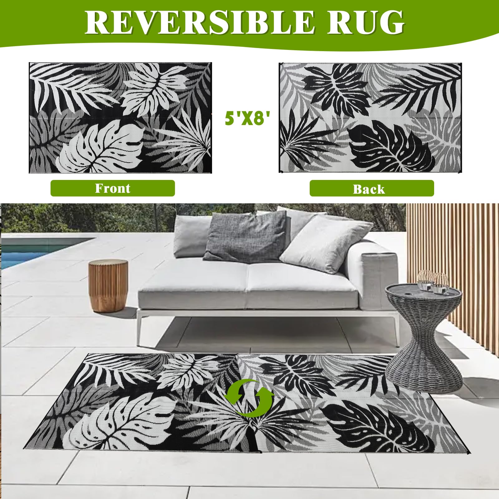 YONILE reversible plastic straw rug shows two looks for versatile deck or balcony styling