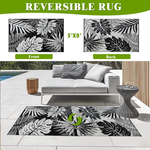 YONILE reversible plastic straw rug shows two looks for versatile deck or balcony styling