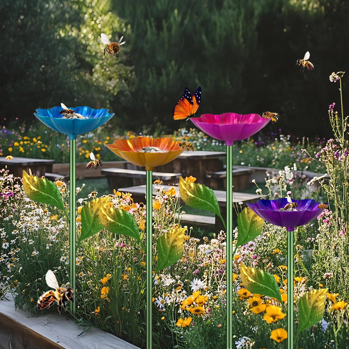 Yonisun butterfly watering station with red flower design attracts pollinators and hydrates outdoors
