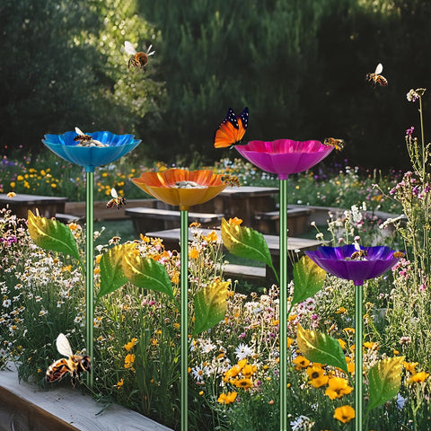 Yonisun butterfly watering station with red flower design attracts pollinators and hydrates outdoors