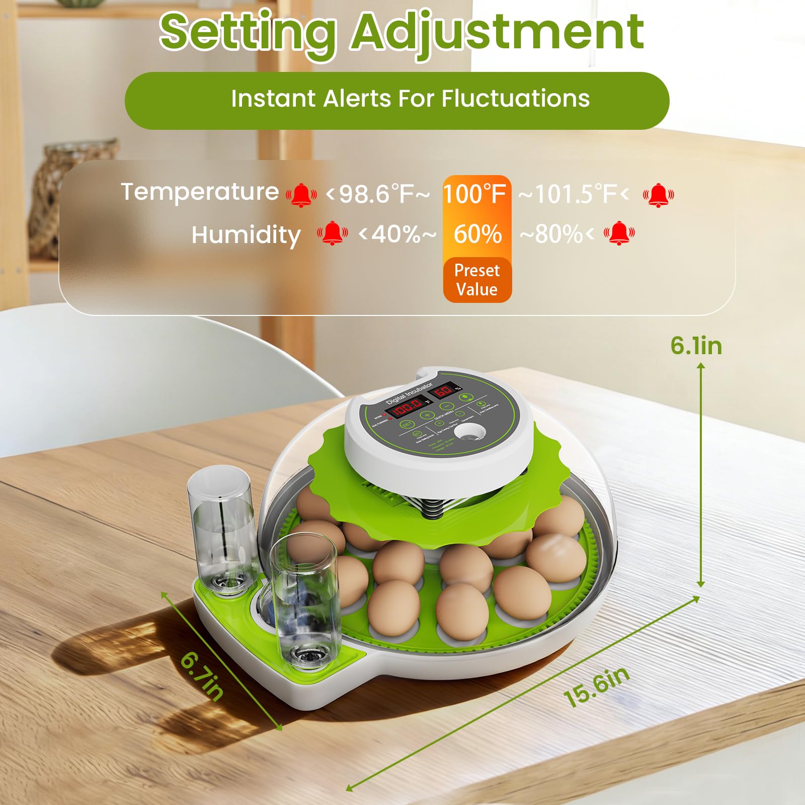 Yonooq egg trays hold up to 18 eggs for versatile hatching plans.