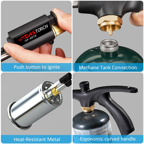 Adjustable flame knob allows precise heat for small weeds or stumps.