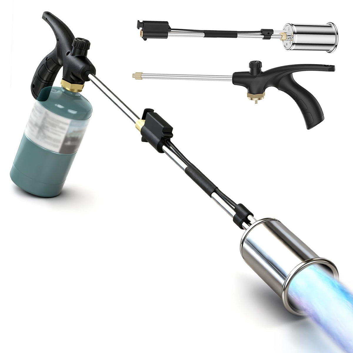 Yoostooper propane torch weed burner close-up flame for weed control outdoors.