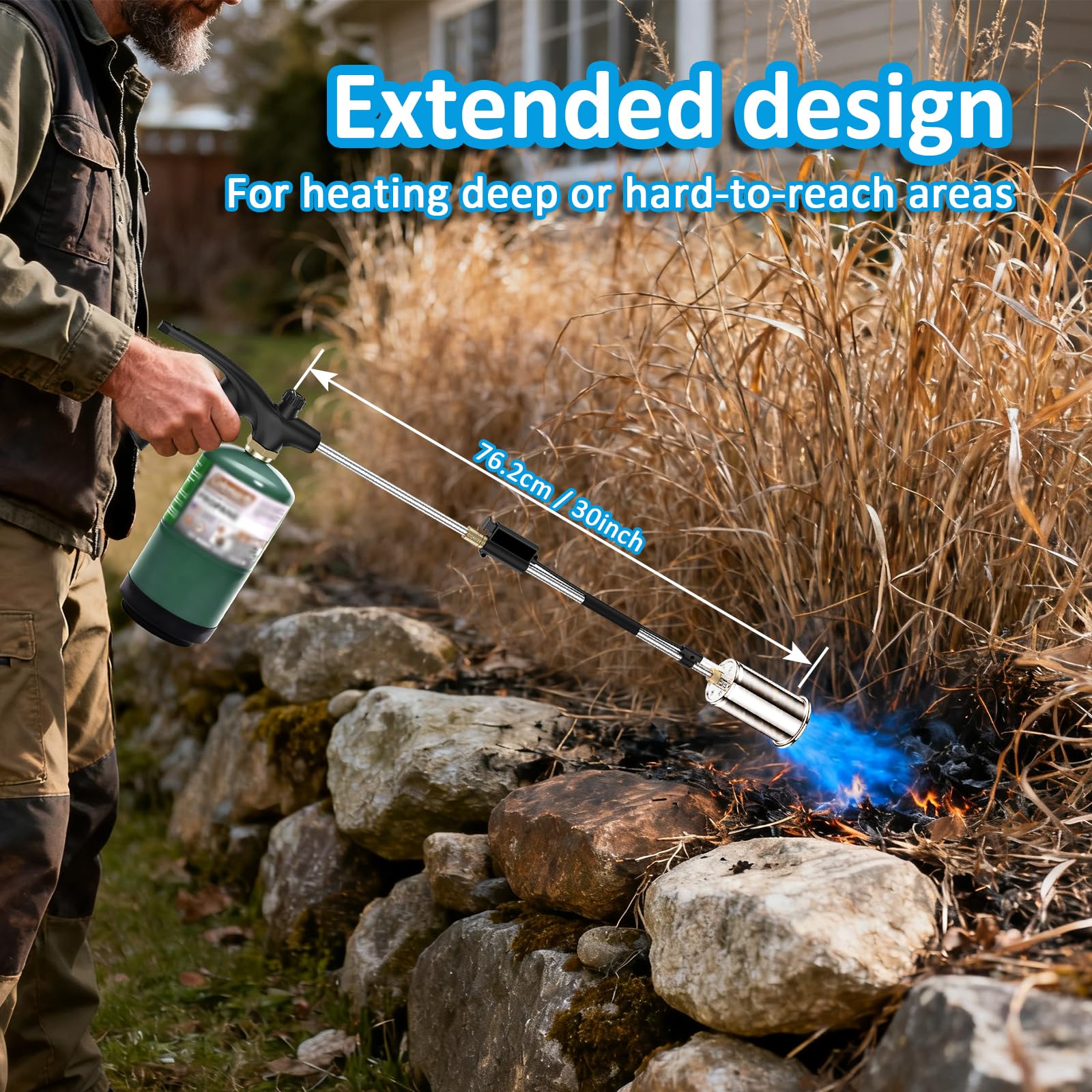 Yoostooper weed burner with 30-inch ergonomic pole for comfortable standing use.