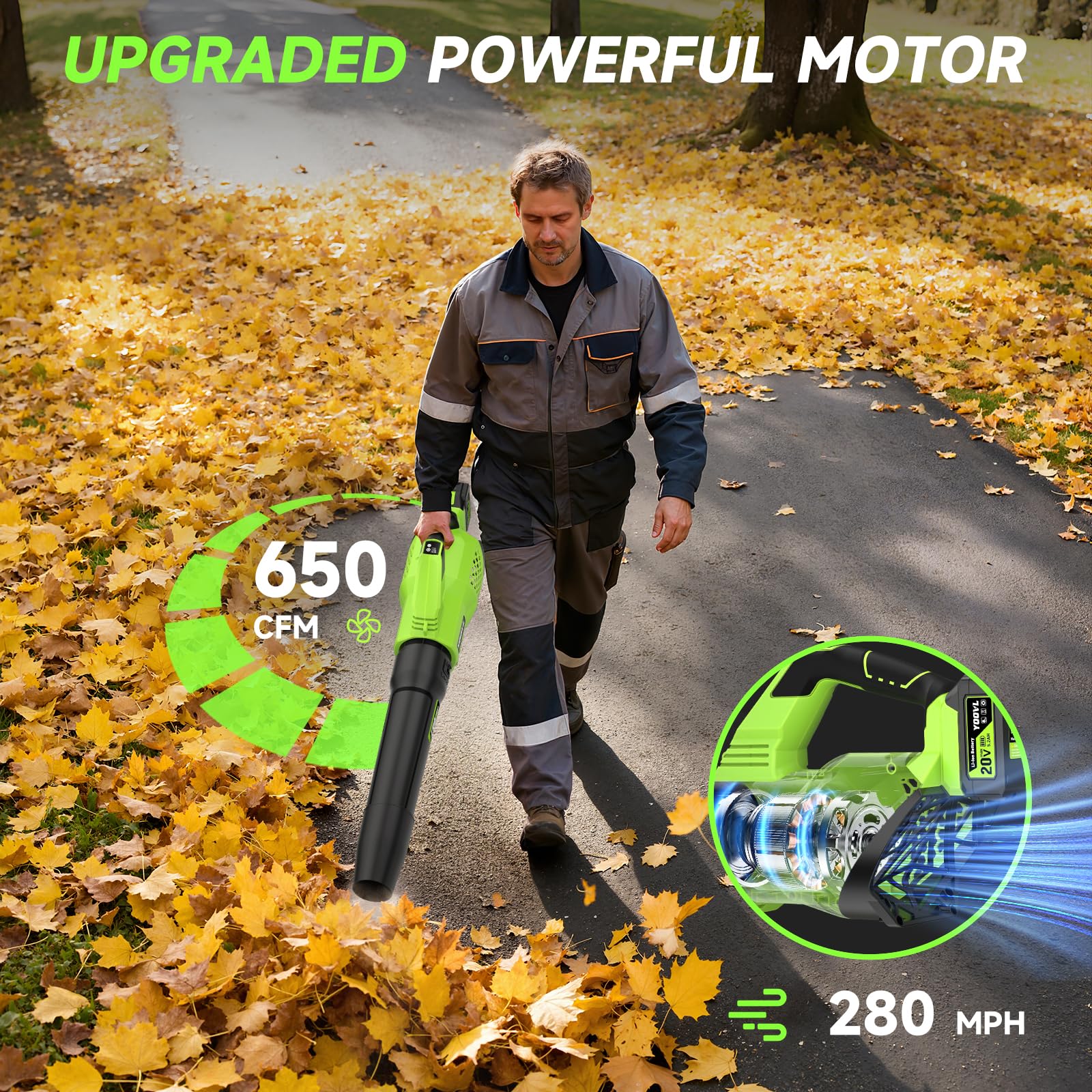 YOOVL dual 20V 5.2Ah batteries provide long runtime for cleanup.