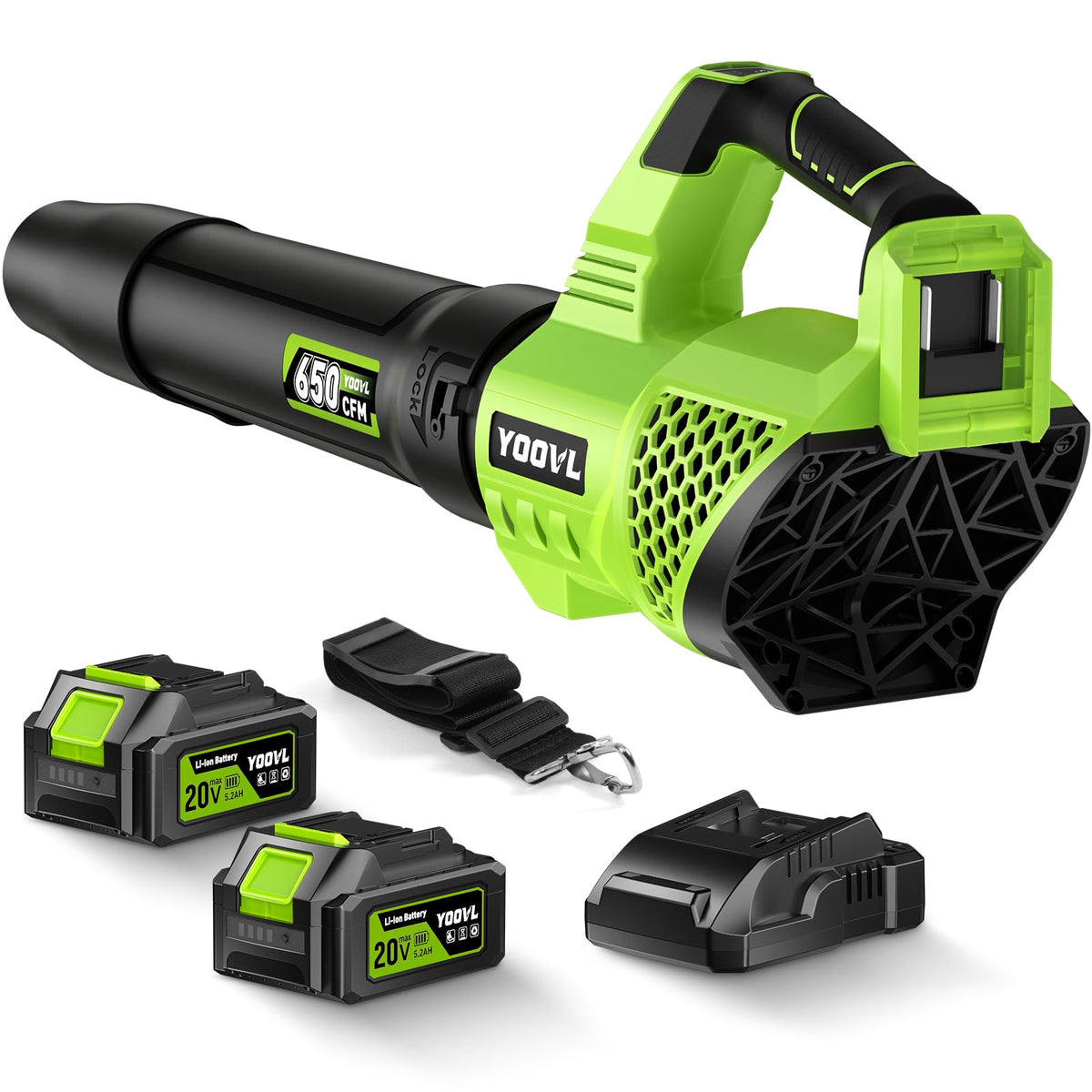 YOOVL cordless leaf blower with 650 CFM clears leaves quickly.