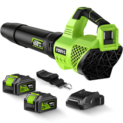 YOOVL cordless leaf blower with 650 CFM clears leaves quickly.