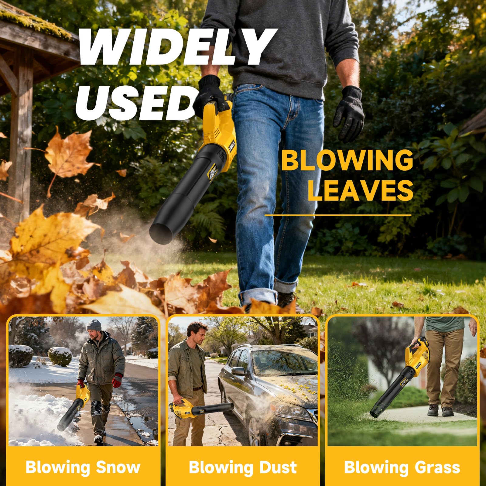 YOOVL cordless leaf blower cleaning patios and driveways with controlled airflow.