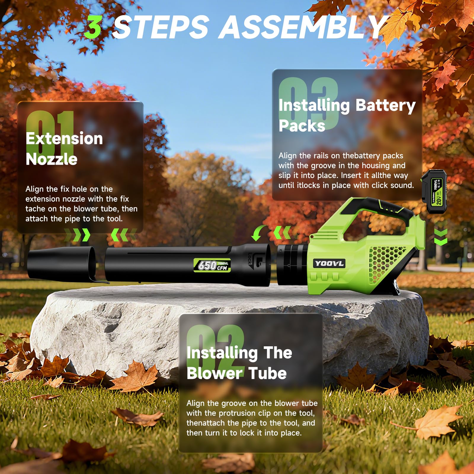YOOVL turbo airflow technology boosts power for dry leaves.