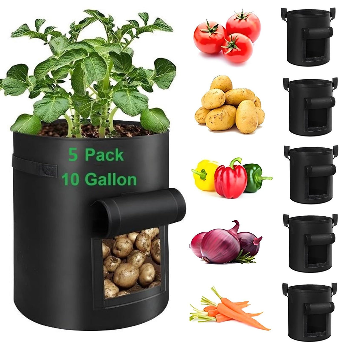 YOQXHY potato grow bags 10-gallon 5-pack, durable fabric for healthier root airflow and drainage.