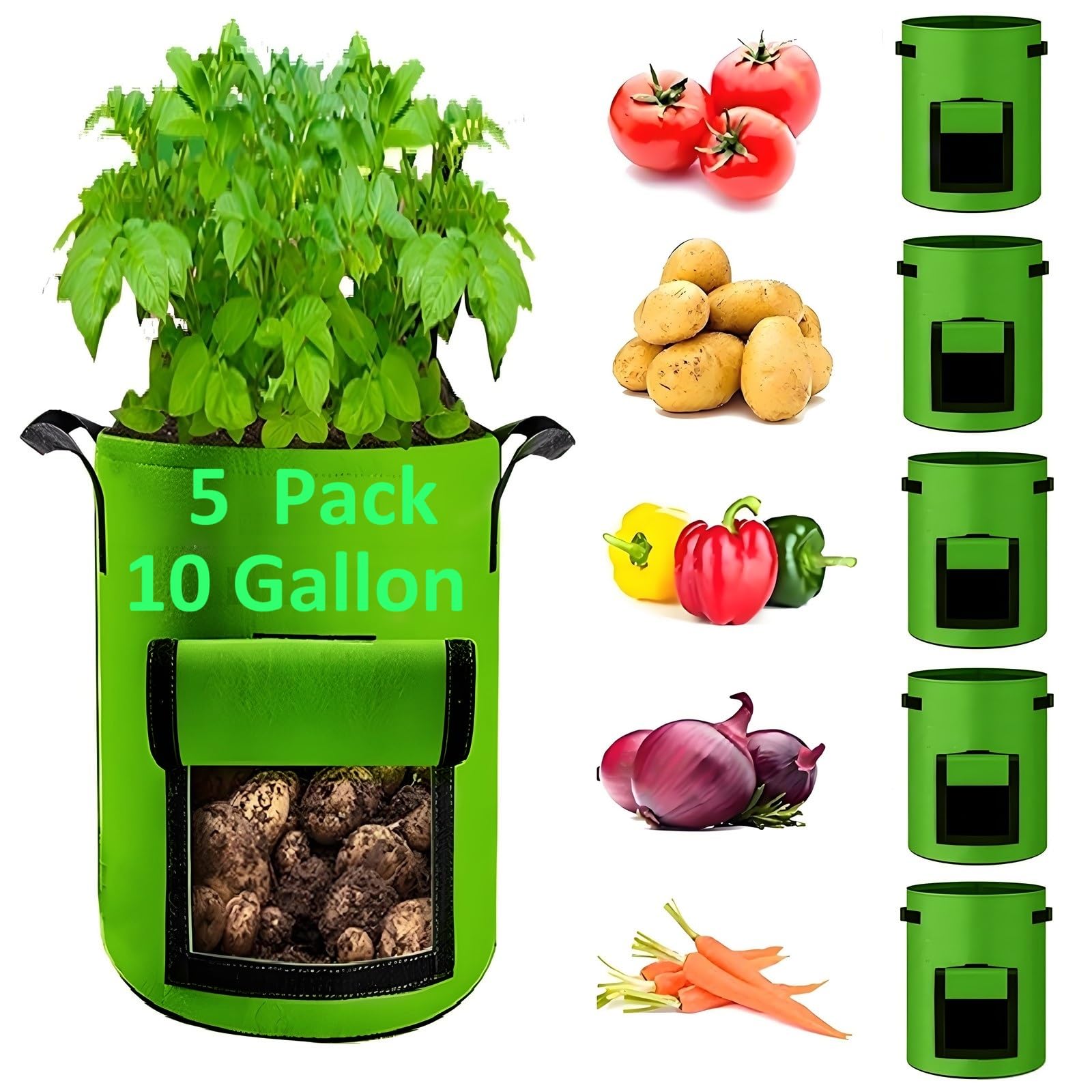 YOQXHY 5-pack 10-gallon potato grow bags with handles and access flap for easy harvesting.