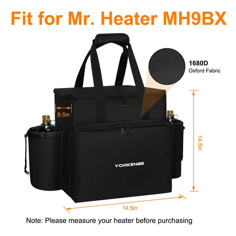 Yorkenbe portable heater bag side canisters pocket keeps propane canisters organized.