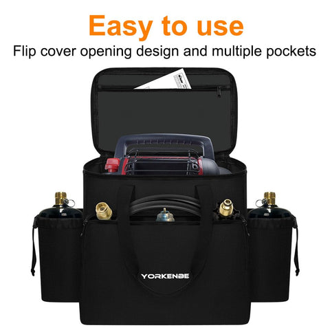 Yorkenbe portable heater bag zipper opening enables easy heater placement.