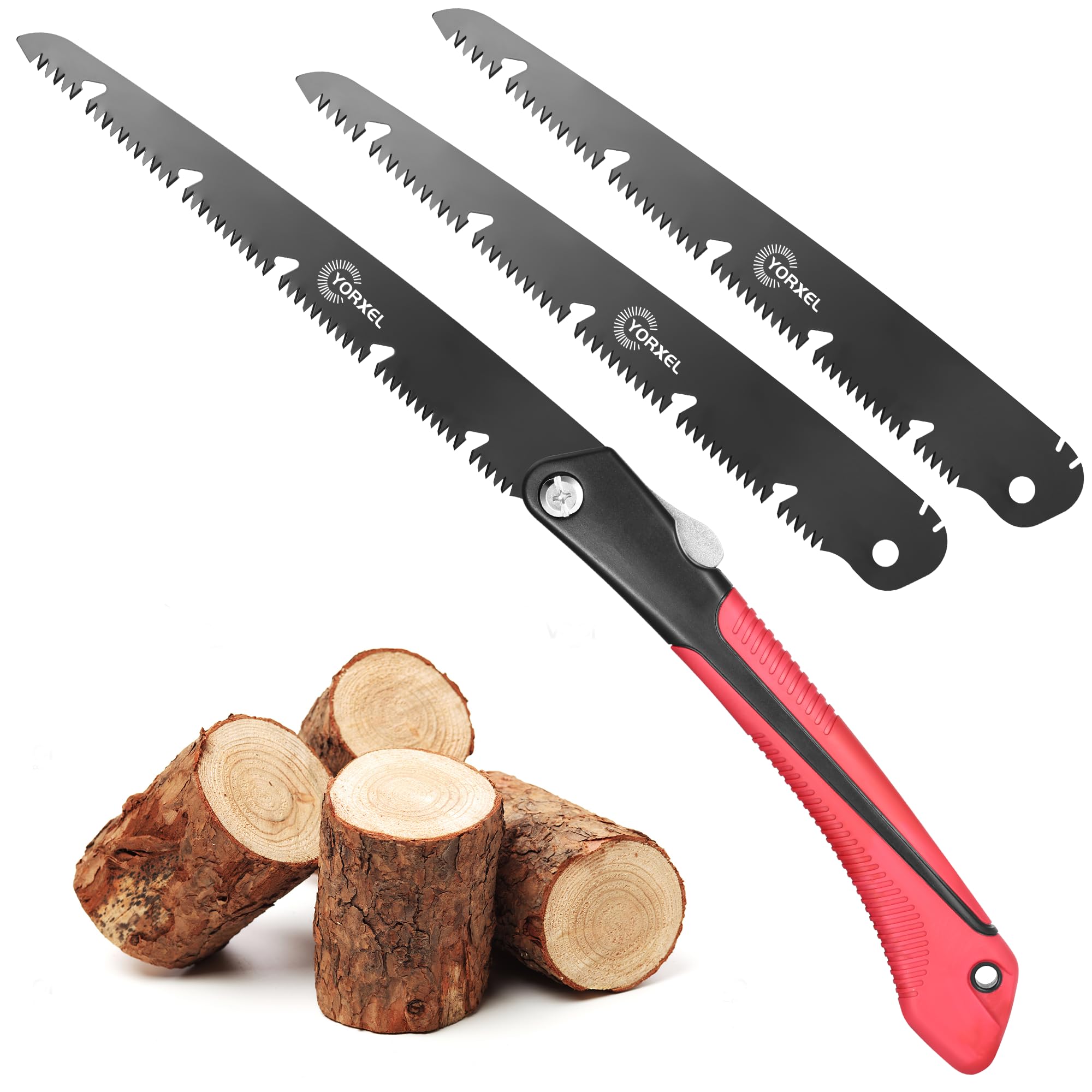 YORXEL folding saw blade close-up for precise cuts and rust resistance.