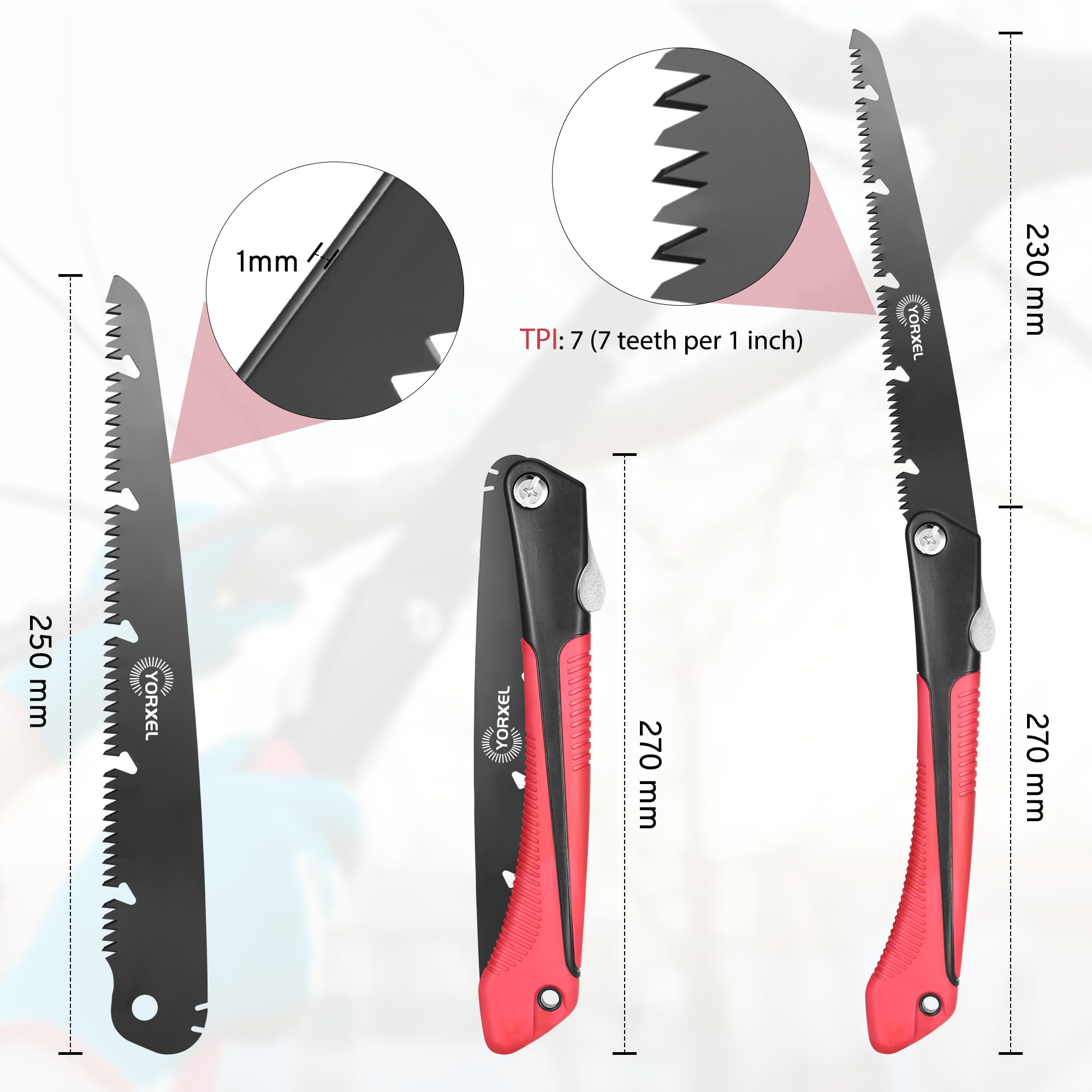 YORXEL folding saw ergonomic handle ensures comfortable outdoor grip.
