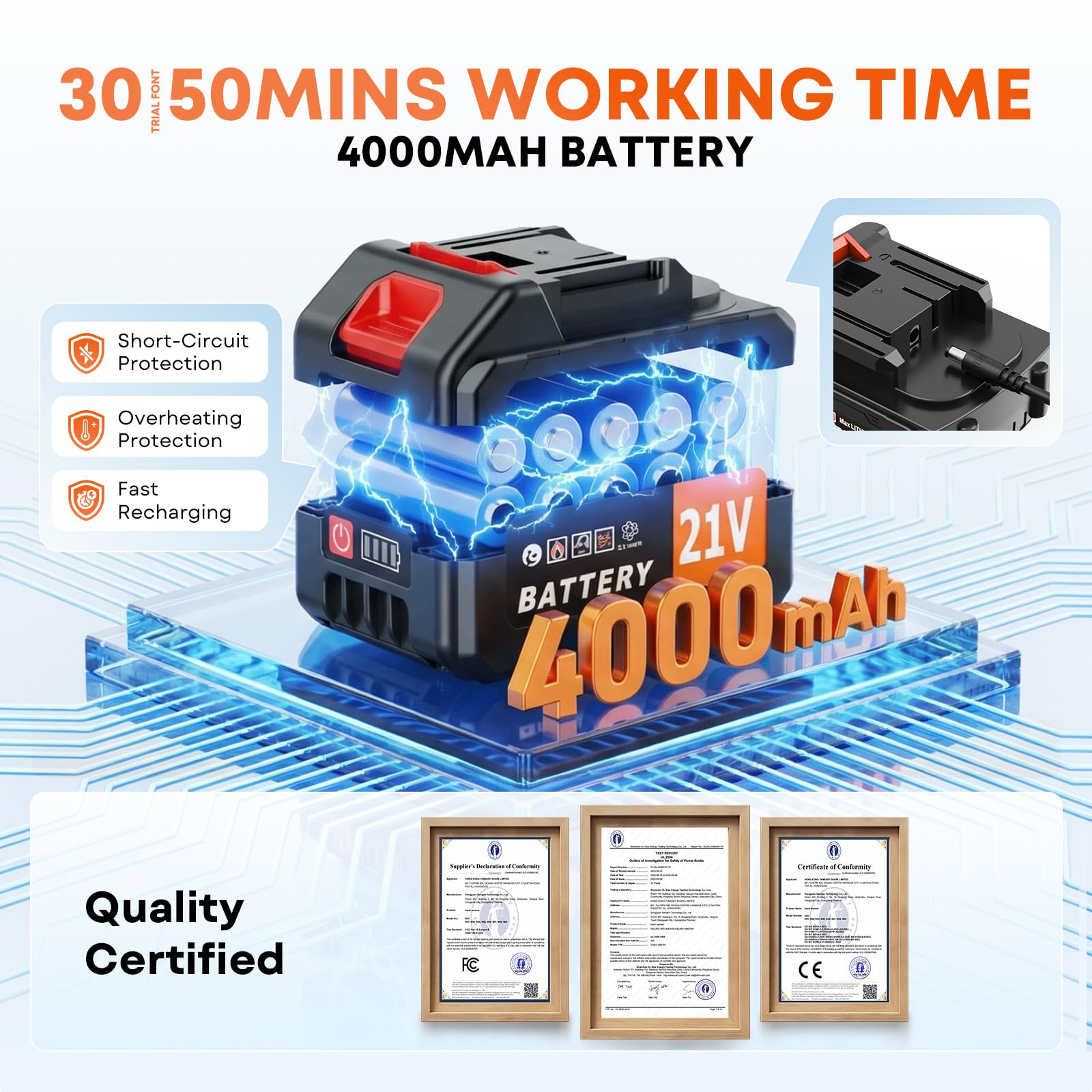 Yospinber 21V battery enables 30–40 minutes of continuous cleaning