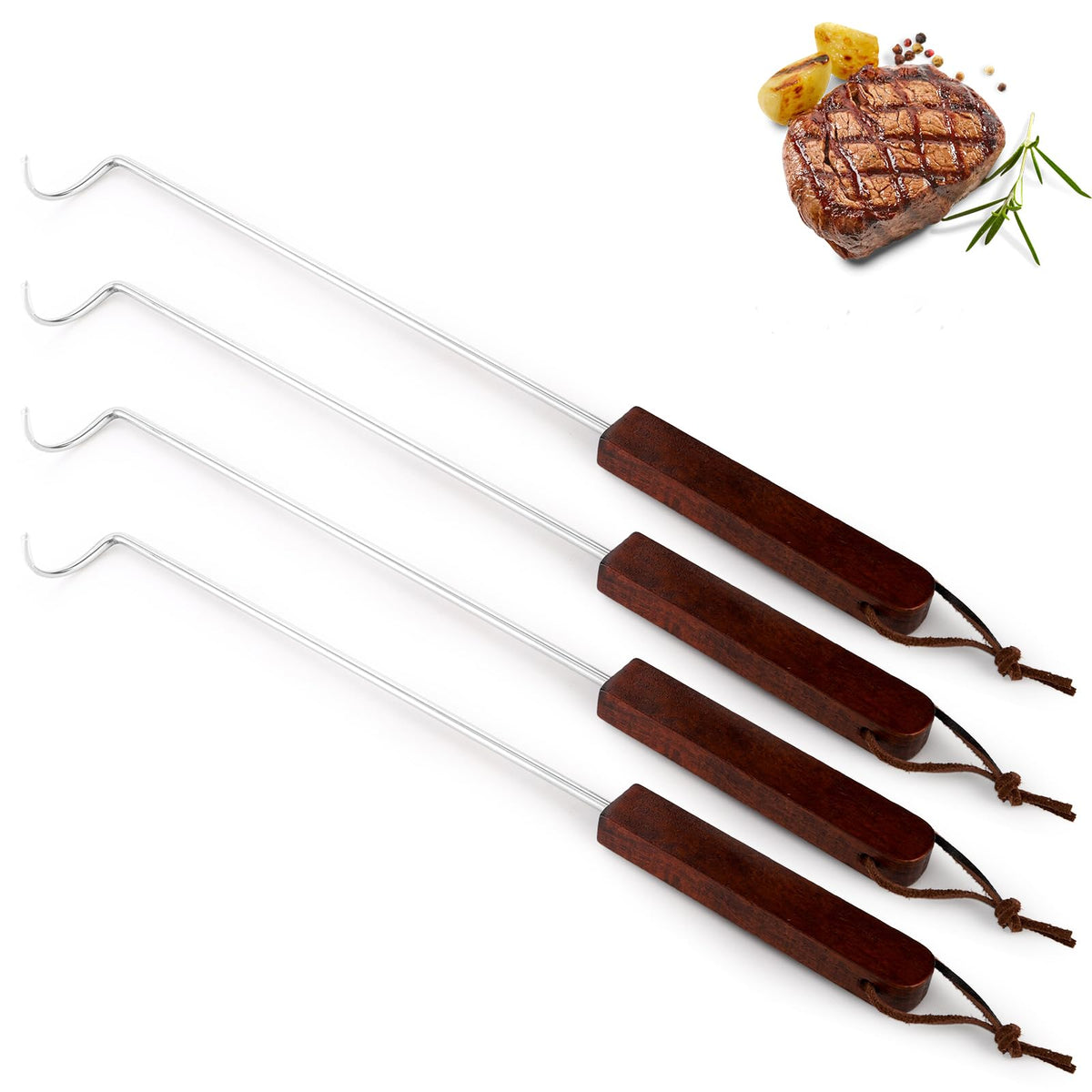 Youeon 4-pack pigtail flippers with wooden handles offer safer grilling from a distance.