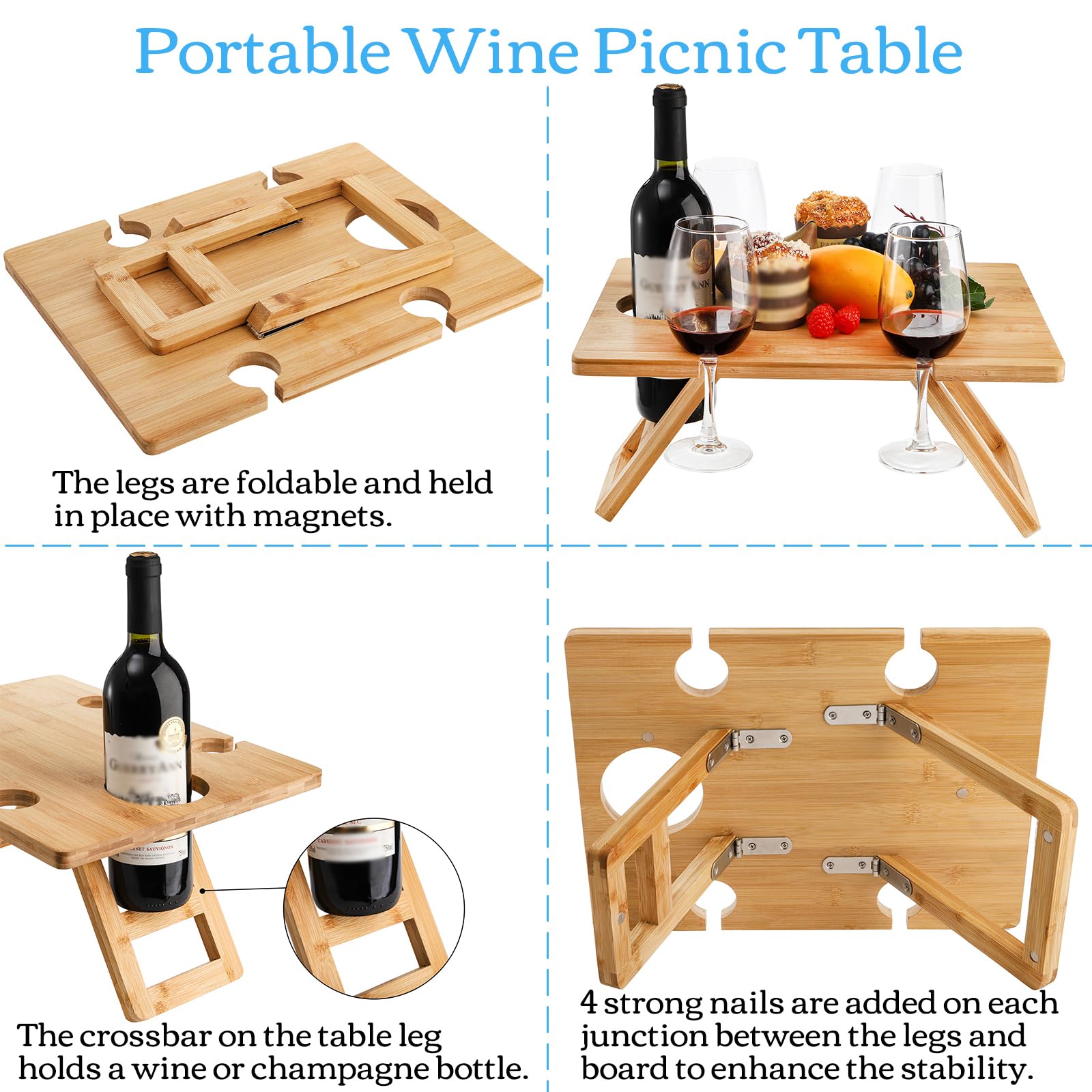 Youeon foldable bamboo picnic table ready for travel
