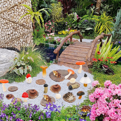 Youeon matsutake mushroom figurine brings warm color to bonsai displays.