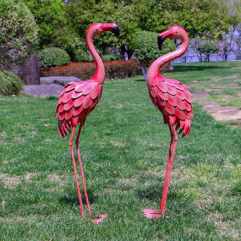 YOUKI metal flamingo sculpture with vibrant finish, durable for all-season use.